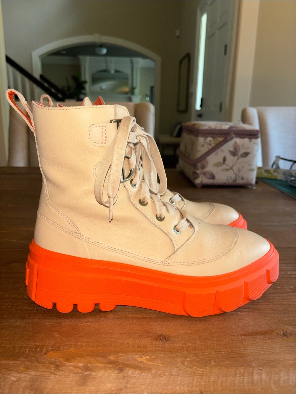 Sorel Lace-Up Platform Boots in Cream and Bright Orange - Picture 1 of 6